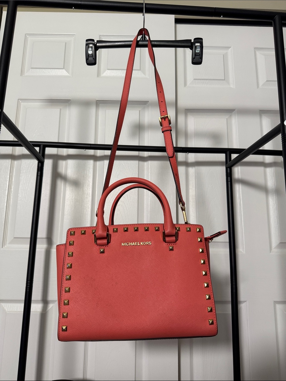 MICHAEL KORS Selma Medium Coral Red Saffiano Messenger Leather Studded Crossbody